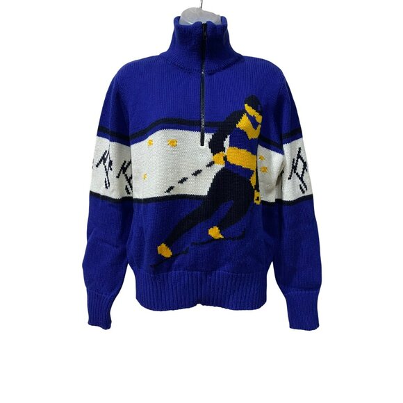 Vintage 70s Obermeyer Womens Ski Sweater M Blue Wool Blend Half-Zip Nordic Style - Picture 3 of 9